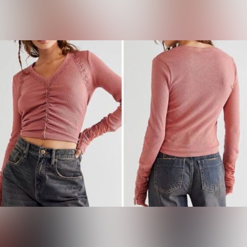 Free People Rose Smoke Wear Me Out V-Neck Long Sleeve Top. Size medium 🧡